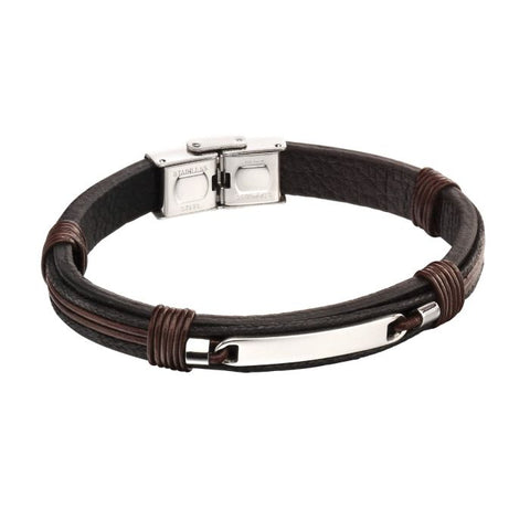 ID Bar Black Leather Bracelet with Brown Cord Detail by Fred Bennett