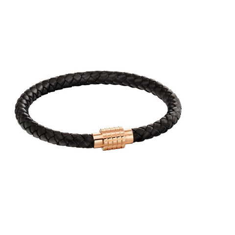 Plaited Black Leather and Rose Gold IP Hexagon Clasp by Fred Bennett