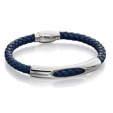 Woven Blue Leather and Stainless Steel Section Bracelet by Fred Bennett