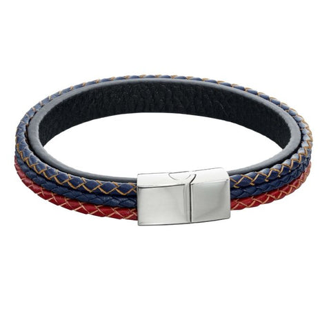 Woven Blue, Red & Grey Leather Bracelet by Fred Bennett