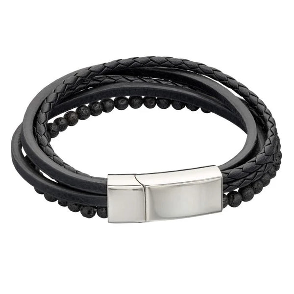 Multi Row Black Leather Bracelet with Lava Beads by Fred Bennett