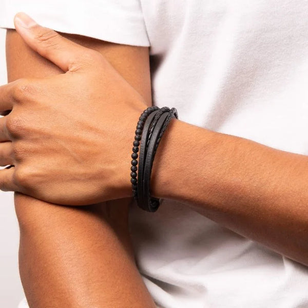 Multi Row Black Leather Bracelet with Lava Beads by Fred Bennett