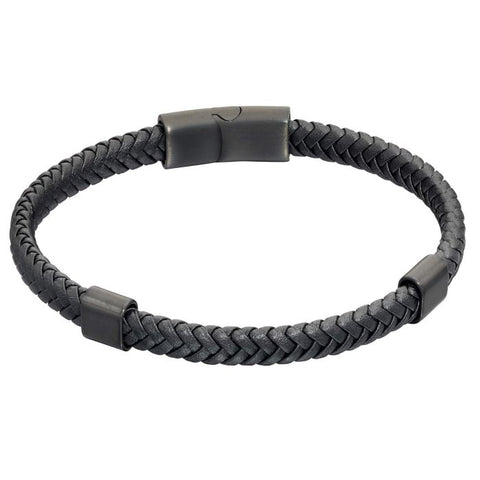 Plaited Black Leather and Black IP Sections Bracelet by Fred Bennett