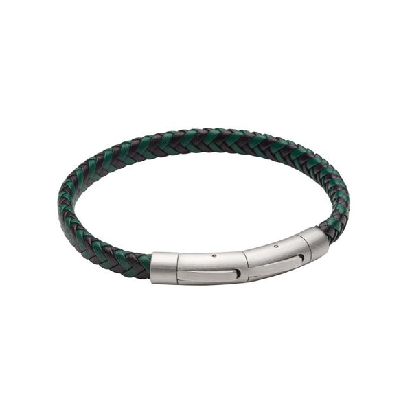 Black and Forest Green Plaited Leather Bracelet by Fred Bennett