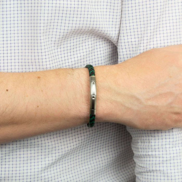Black and Forest Green Plaited Leather Bracelet by Fred Bennett