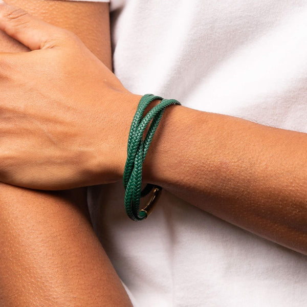 Multi Row Plaited Green Leather Bracelet by Fred Bennett