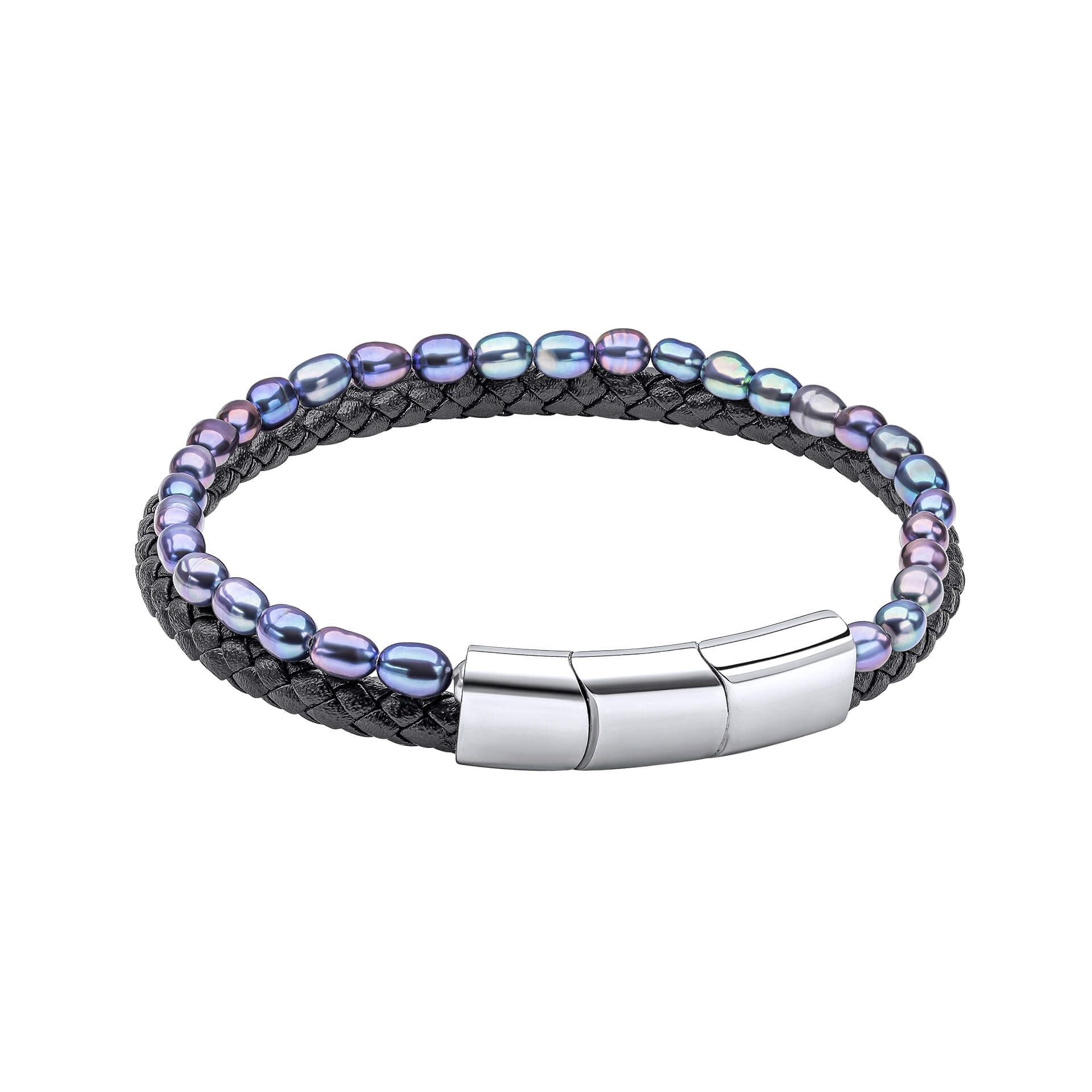 Peacock Freshwater Pearl and Black Leather Bracelet by Fred Bennett