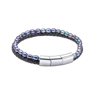 Peacock Freshwater Pearl and Black Leather Bracelet by Fred Bennett