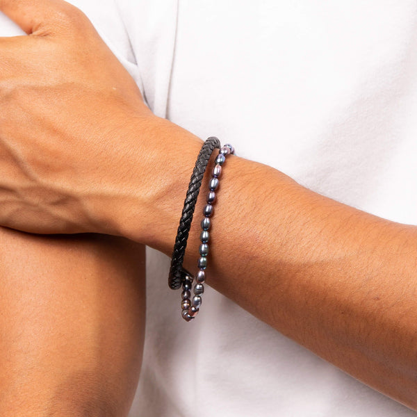Peacock Freshwater Pearl and Black Leather Bracelet by Fred Bennett