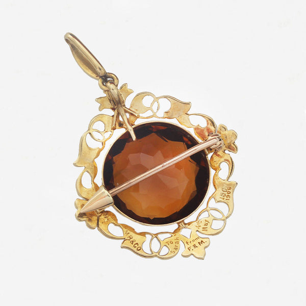 Citrine & Seed Pearl Edwardian Brooch / Pendant in 15ct Gold by Merle Bennett & Co - Secondhand