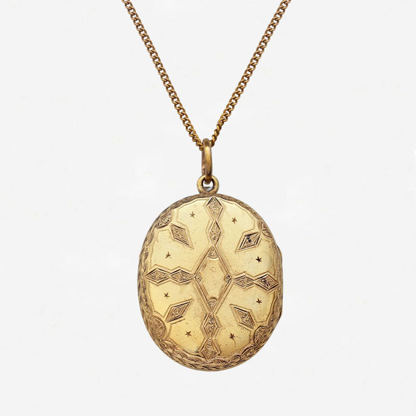 Victorian Enamel & Seed Pearl Locket & Chain in 15ct Gold- Secondhand