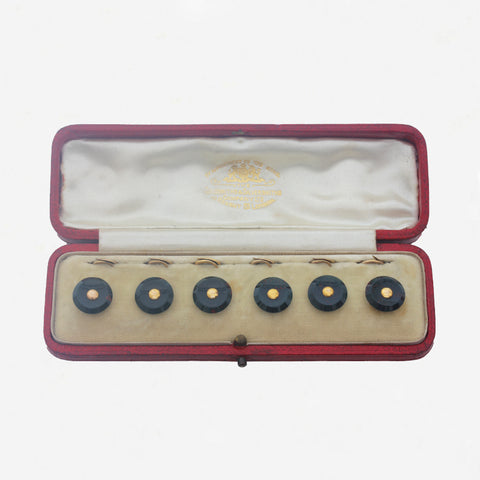 six bloodstone round dress studs in box

