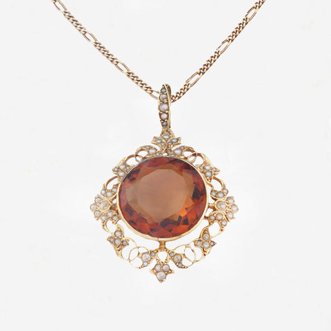 Citrine & Seed Pearl Edwardian Brooch / Pendant in 15ct Gold by Merle Bennett & Co - Secondhand