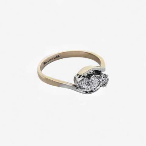 platinum yellow gold 3 stone cross over ring diamonds