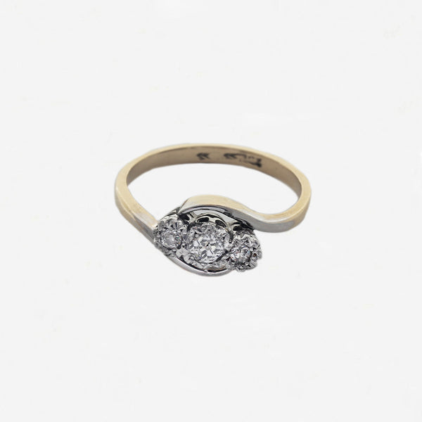 diamond 3 stone ring cross over white and yellow 