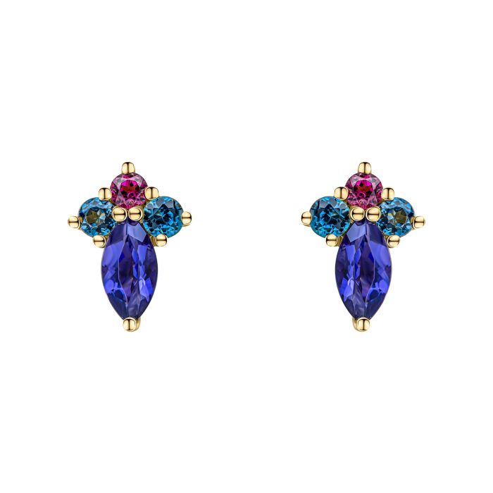 Blue Topaz, Iolite & Rhodolite Earrings in 9ct Gold