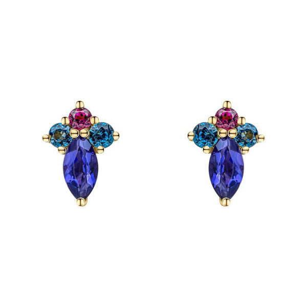 Blue Topaz, Iolite & Rhodolite Earrings in 9ct Gold
