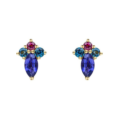 Blue Topaz, Iolite & Rhodolite Earrings in 9ct Gold