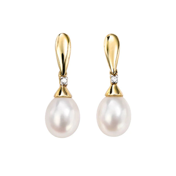 Freshwater Pearl & Diamond Drop Earrings in 9ct Gold