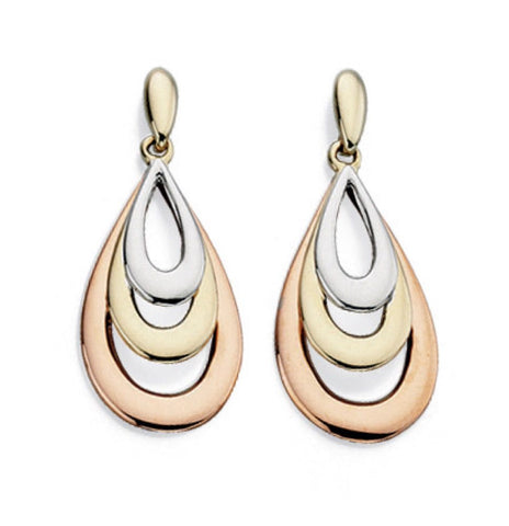 9ct Three Colour Gold Drop Earrings