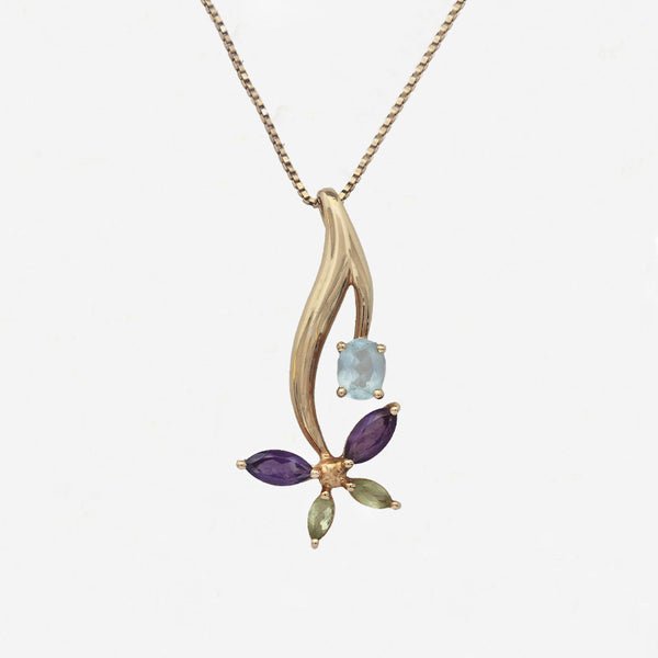 amethyst peridot blue topaz floral pendant necklace in yellow gold