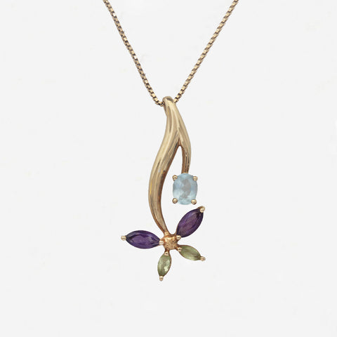amethyst peridot blue topaz floral pendant necklace in yellow gold