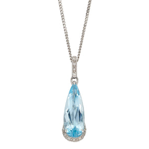 Blue Topaz & Diamond Pendant & Chain in 9ct White Gold