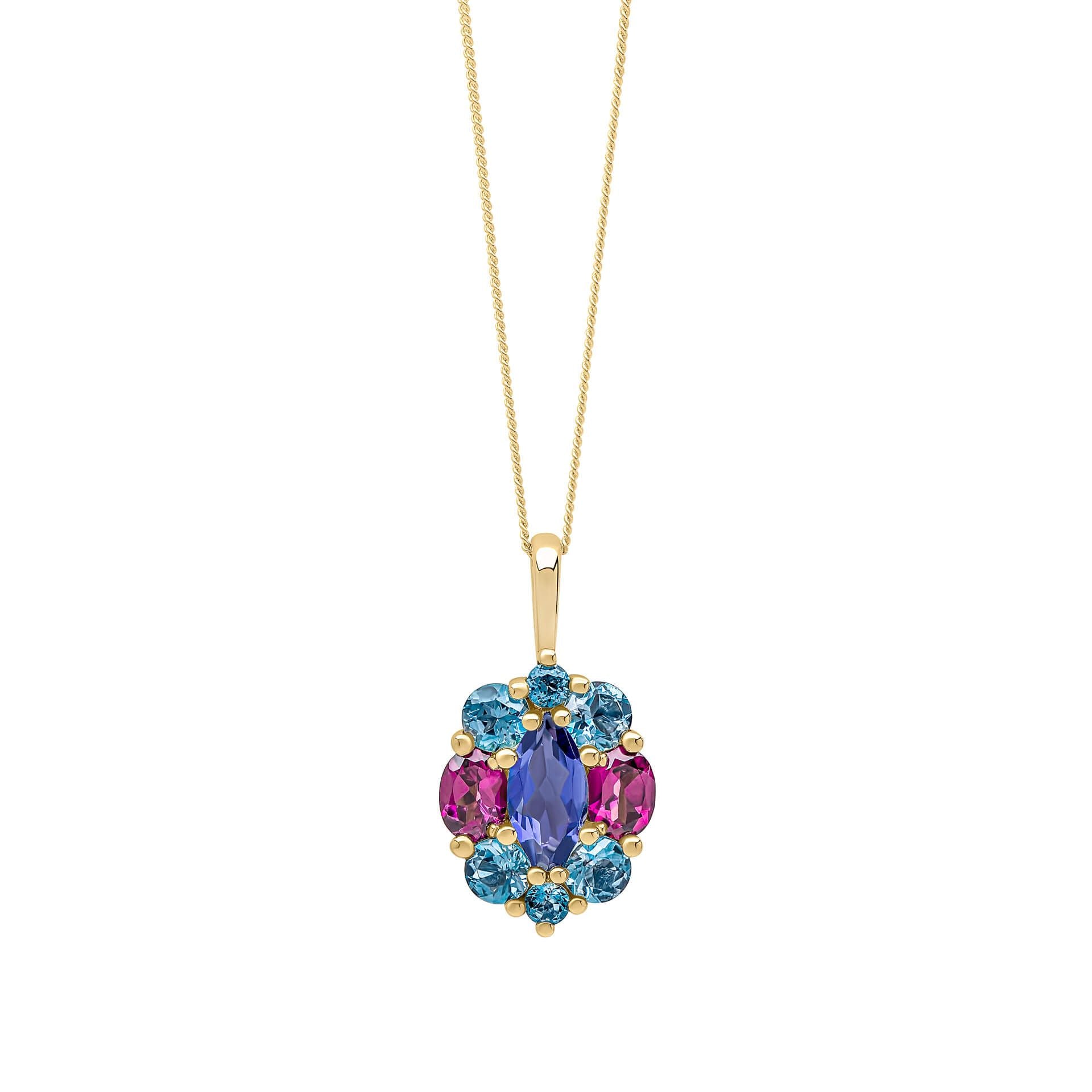 Blue Topaz, Iolite & Rhodolite Barcelona Cluster Pendant in 9ct Gold