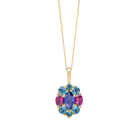 Blue Topaz, Iolite & Rhodolite Barcelona Cluster Pendant in 9ct Gold