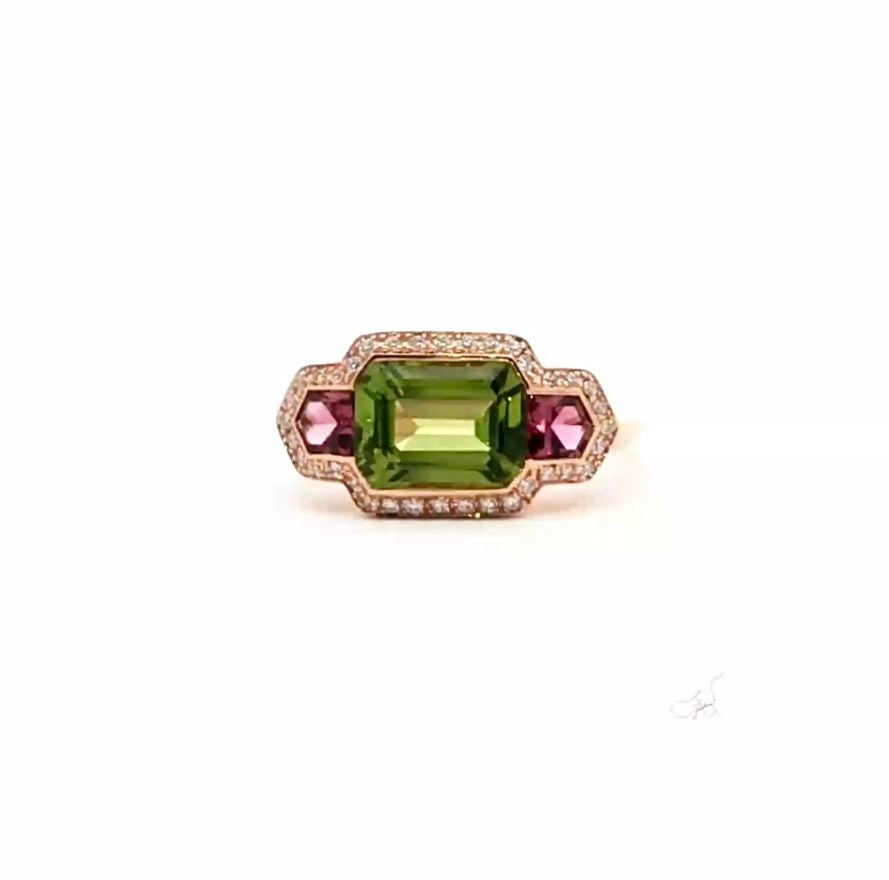 Peridot, Diamond & Pink Topaz Ring in 18ct Rose Gold