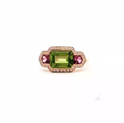 Peridot, Diamond & Pink Topaz Ring in 18ct Rose Gold