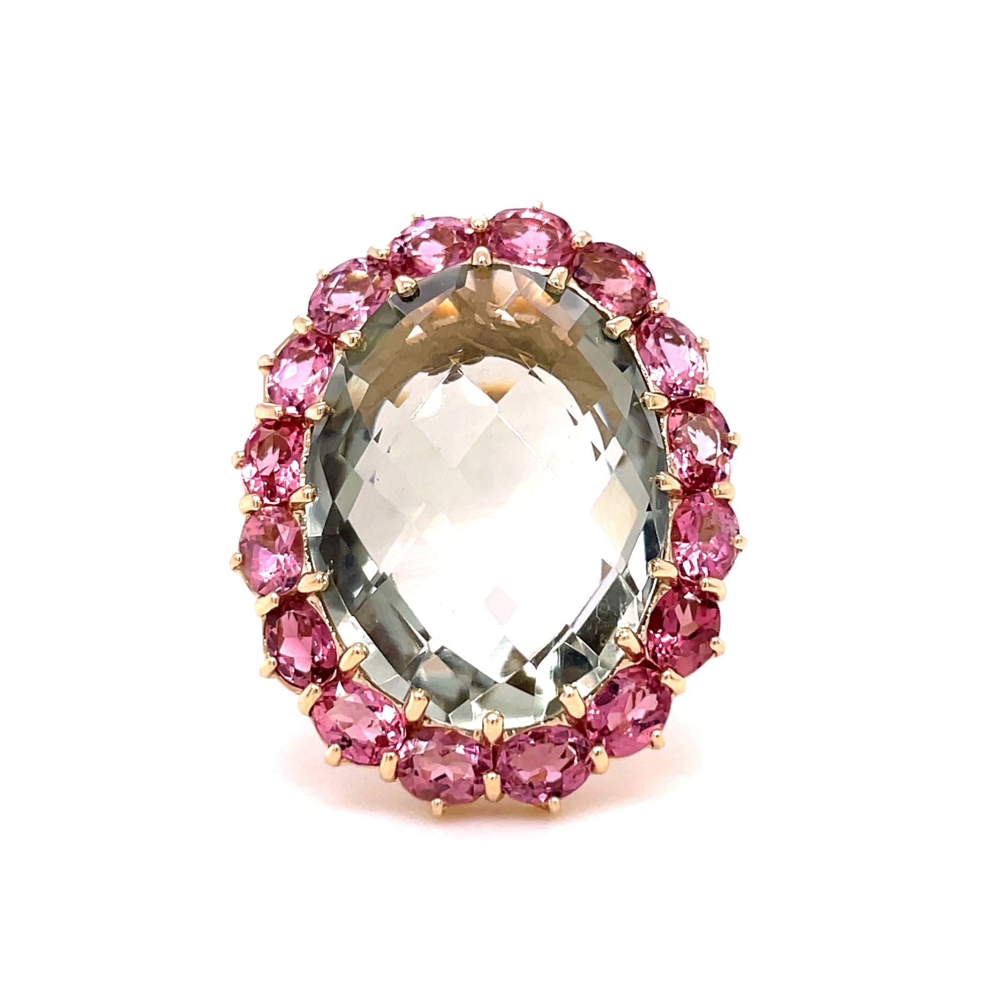 Green Amethyst & Pink Tourmaline Cluster Ring in 9ct Gold