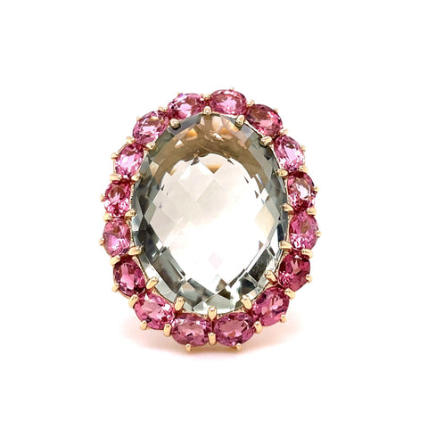 Green Amethyst & Pink Tourmaline Cluster Ring in 9ct Gold
