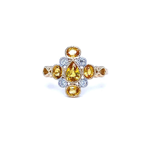 Yellow Sapphire & Diamond Cluster Ring in 9ct Gold