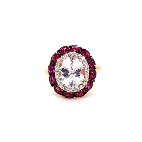 Morganite, Garnet & Diamond Cluster Ring in 18ct Rose Gold