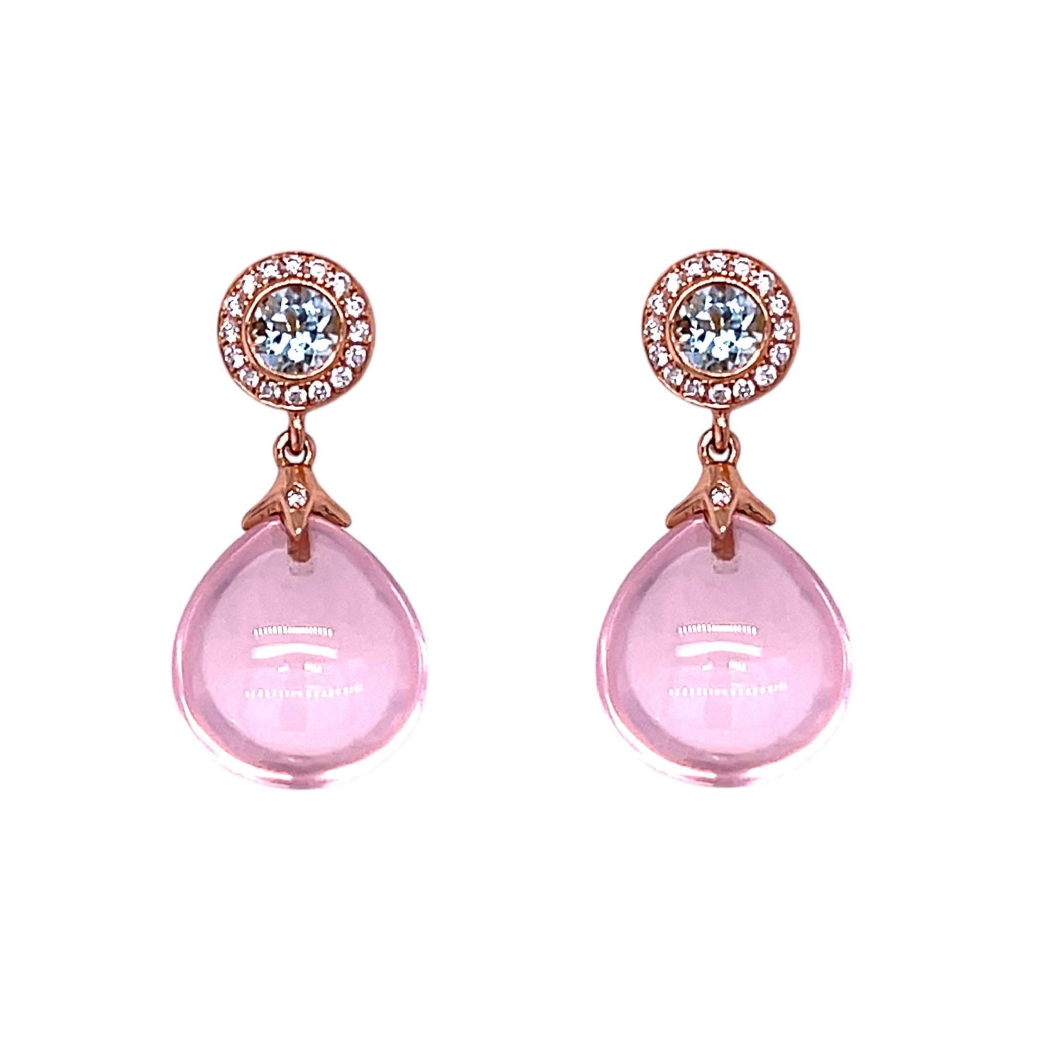 Rose Quartz, Aquamarine & Diamond Earrings in 18ct Rose Gold