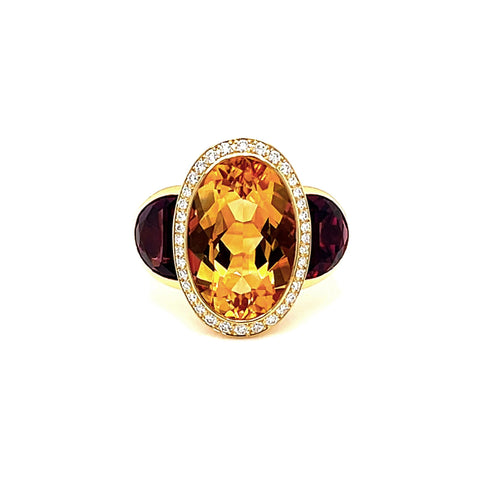 Citrine, Diamond & Garnet Ring in 18ct Gold
