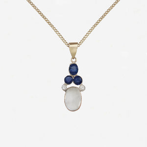 Moonstone, Sapphire & Diamond Pendant & Chain in 9ct Gold - Secondhand