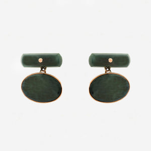oval green jade cufflinks with gold chain connectors 