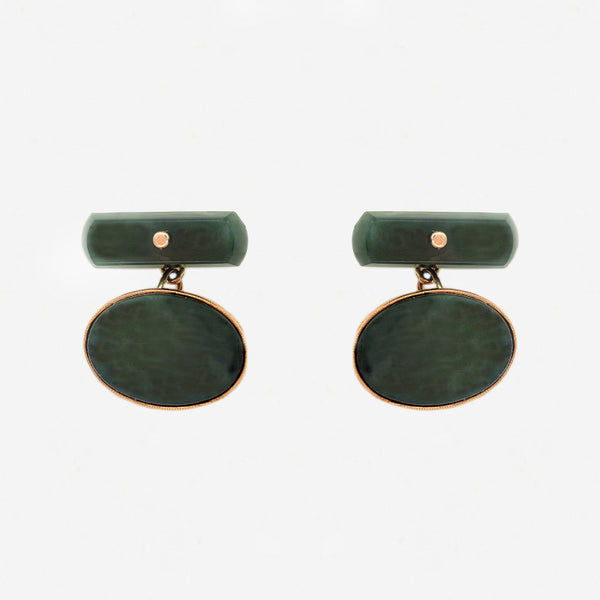 oval green jade cufflinks with gold chain connectors 