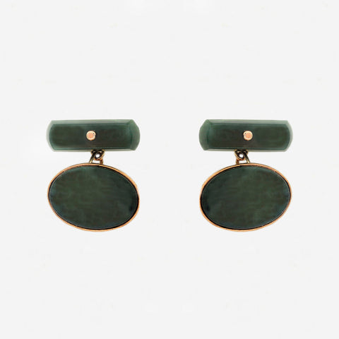 oval green jade cufflinks with gold chain connectors 