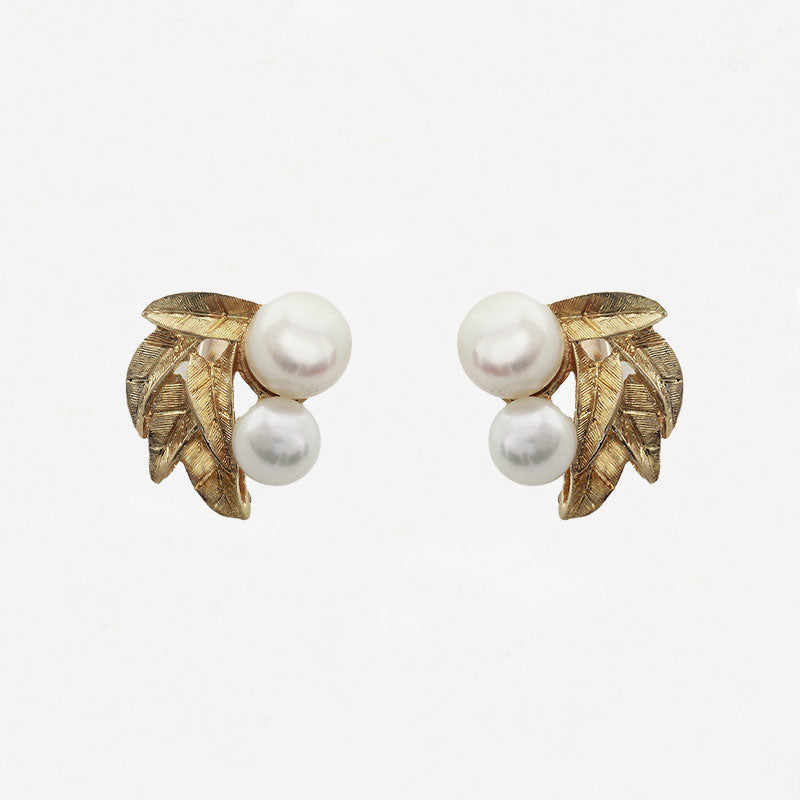Pearl & Leaf Earrings in 9ct Gold - Secondhand