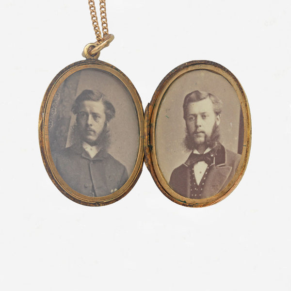 Victorian Enamel & Seed Pearl Locket & Chain in 15ct Gold- Secondhand