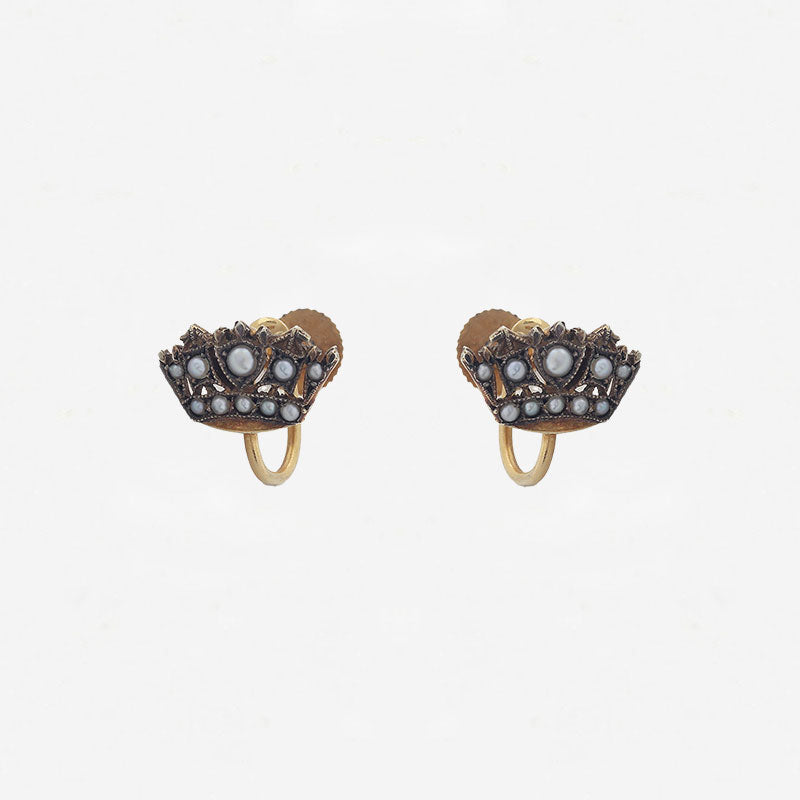 Seed Pearl Naval Crown Earrings with Screw Fittings in 9ct Gold - Secondhand