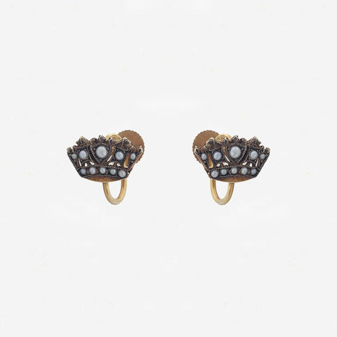 Seed Pearl Naval Crown Earrings with Screw Fittings in 9ct Gold - Secondhand