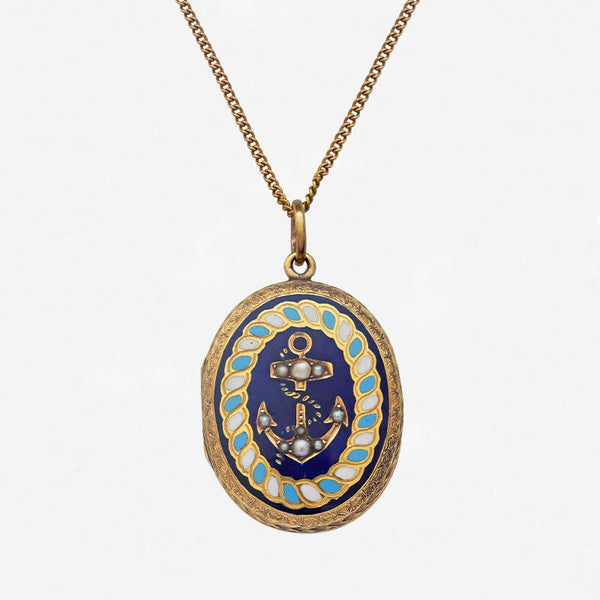 Victorian Enamel & Seed Pearl Locket & Chain in 15ct Gold- Secondhand