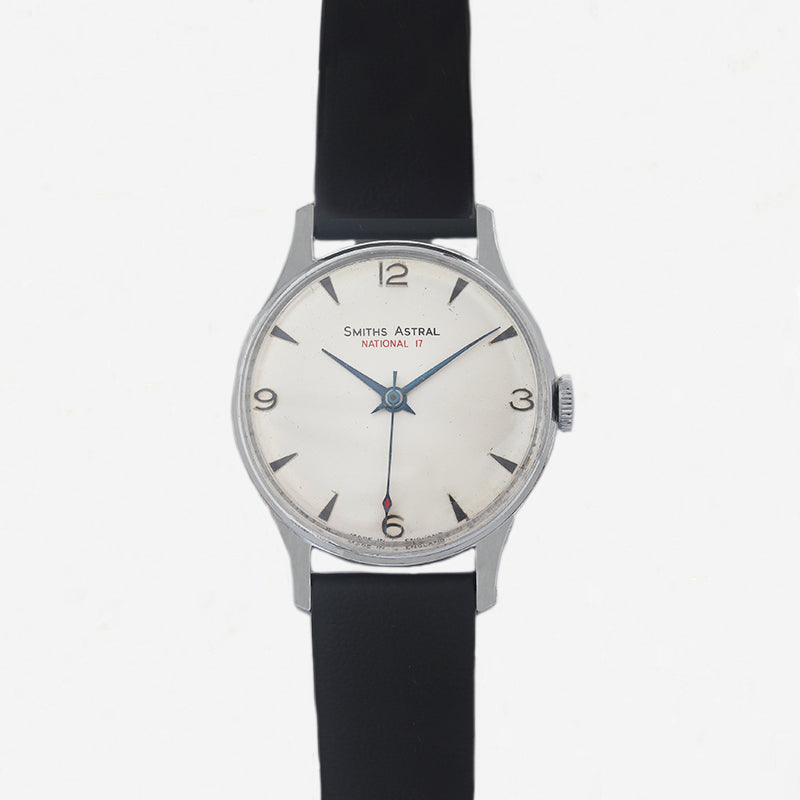 smiths astral gents watch silver case white dial and black leather strap