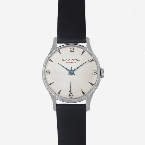 smiths astral gents watch silver case white dial and black leather strap