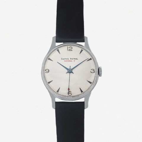smiths astral gents watch silver case white dial and black leather strap