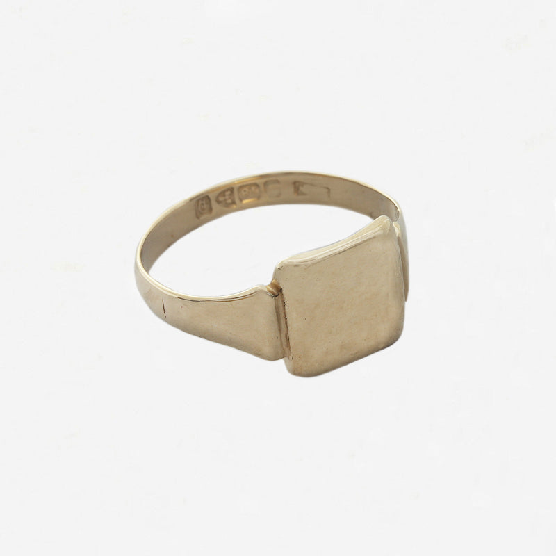 yellow gold square plain signet ring with hallmark inside